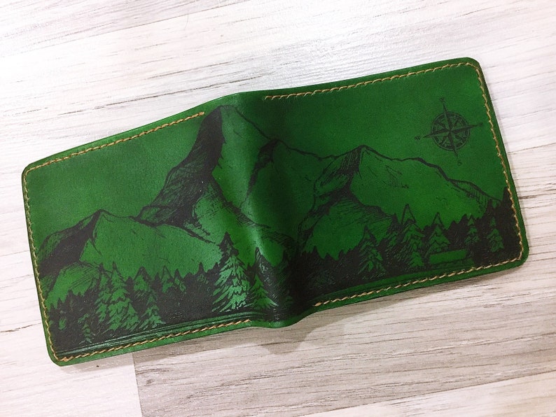 Personalized leather handmade men's wallet, mountain landscape pattern men's gift, present for him, xmas men gift idea, RFID blocking wallet image 3