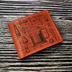 Carteira de couro com fórmula de cerveja, carteira com design engraçado de cerveja, pequeno presente de cerveja para o pai, carteira com estilo de fórmula química, presente personalizado para ele