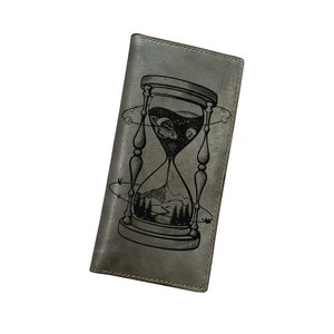 Portafoglio lungo in pelle personalizzato, portafoglio lungo per carte d'identità, orologio a clessidra con segnale orario modello vintage, portafoglio inciso, idee regalo di compleanno per amici