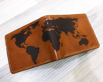 Mapa del mundo Personalice la billetera de cuero para hombres, billetera con bloqueo RFID, regalos de novio personalizados, regalo de aniversario para hombres, ideas de regalos de Navidad para hombres
