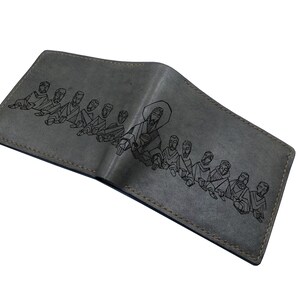 Dibujo artístico de la Última Cena de Jesús con discípulos, billetera de cuero personalizada para hombre, ideas de regalos de cumpleaños para hombres cristianos, billetera para él