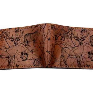 Cartera de cuero personalizada para hombre, con grabado de ciervo, lobo y animales del bosque, billetera de caza, regalo para papá, esposo y novio.