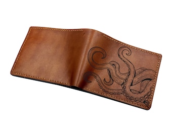 Kraken ocean monster leather handmade wallet, customized men leather gift, octopus pattern present, christmas anniversary gift for him
