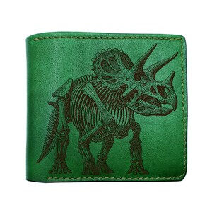 Engraved Leather Wallet: Triceratops Fossil, Custom Anniversary Gift
