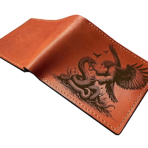 Cartera de cuero hecha a mano con diseño de águila para cazar, cartera con grabado de águila luchando contra serpientes, regalo de cuero genial para papá, cartera de cuero personalizada para él
