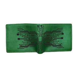 Green Leather Men's Wallet, Circuit Board Engraved, Personalized Gift