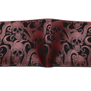 Cartera de cuero personalizada para hombre, hecha a mano, con estampado de calavera y pulpo, regalo para papá, impresionante regalo de terror para hombre, regalo de aniversario de Halloween.