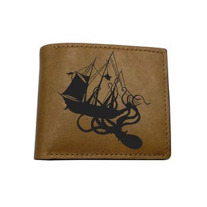 Kraken-Geldbörse aus Leder, Schiffs- und Monstermotiv, Geschenk für Papa