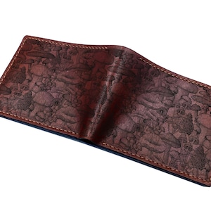 Cartera de cuero con estampado de hongos, cartera con grabado de plantas sin costuras, regalo de cuero con nombre personalizado grabado para papá y esposo.
