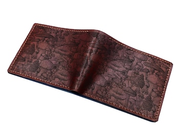 Mushrooms drawing pattern leather wallet, plant seamless pattern engraving wallet, customized name engrave leather gift for dad, husband