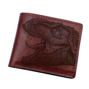 Engraved T-Rex Leather Wallet, Dinosaur Wallet, Handmade