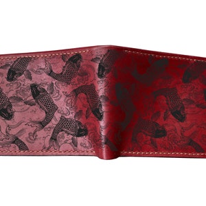 Cartera de cuero personalizada con estampado de peces koi sin costuras, billetera con dibujo de animales, billetera de cuero para papá, ideas para regalos de aniversario de cumpleaños de cuero