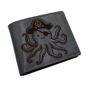 Cartera de cuero genuino hecha a mano, billetera divertida para él, billetera grabada personalizada, ideas de regalo de pulpo, regalo genial de pirata para novio, esposo