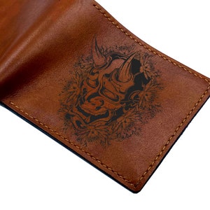 Cartera de cuero para hombre con patrón antiguo japonés personalizado, arte de máscara malvada de demonio Oni hannya, billetera de terror para hombres, idea de regalo de Halloween para él