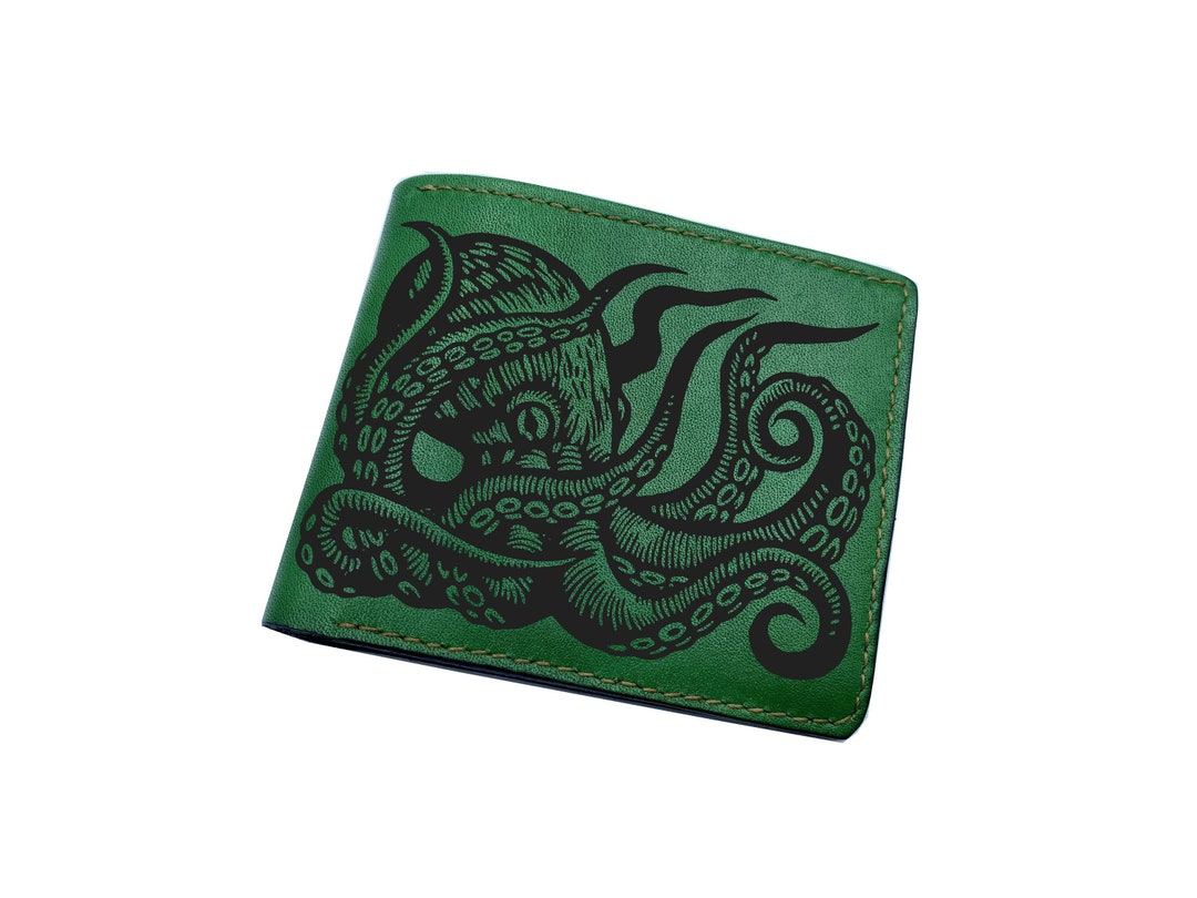 Personalized Leather Men's Wallet, Kraken Drawing Sketch Art, Ocean Monster Leather Gifts for