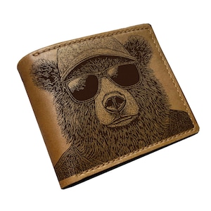 Handmade Leather Bifold Wallet, Bear Sketch, Personalized Gift