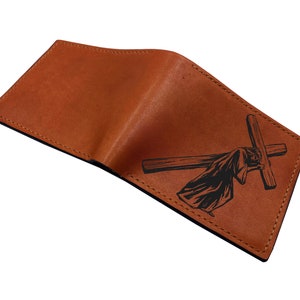 Cartera de cuero con la Cruz de la Santísima Virgen María, personalizada para hombre, ideas de regalos navideños para hombres cristianos.