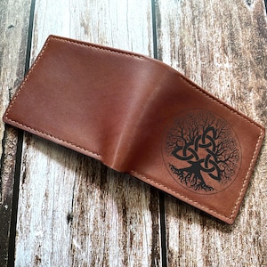 Cartera con el logotipo del árbol de la vida celta, regalo de cuero con patrón de runas nórdicas para él, billetera genial para papá, regalo de cumpleaños para el esposo de su esposa