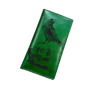 Cartera larga de cuero personalizada para hombre, cartera de cuero con diseño de calavera de cuervo y estampado antiguo, regalo para hombre, regalo de cumpleaños para él.