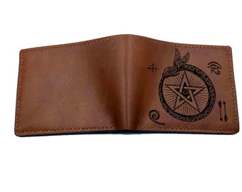 Personalized ancient egypt symbols pentagram star pyramid leather handmade mens wallet, customized anniversary gifts idea for him 2021