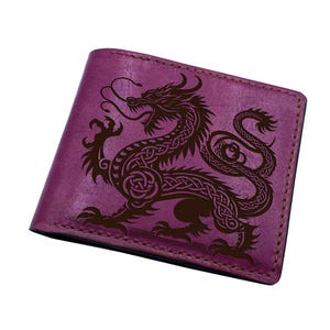Dragon leather wallet, bifold wallet with ID card, small leather present, custom wallet for dad, Celtic dragon engrave wallet, xmas men gift