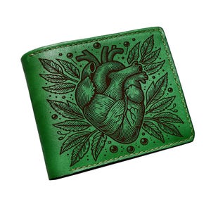 Cartera de cuero genuino con diseño de corazón floral, cartera con ícono de corazón, cartera con grabado personalizado, cartera plegable con estilo floral, cartera clásica y genial para ella.