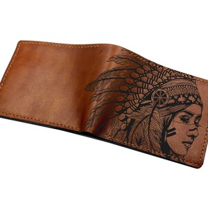 Desenho artístico de menina indígena americana, carteira de couro masculina, carteira de couro com gravação personalizada, presente nativo para homens, ideias para presentes de Natal