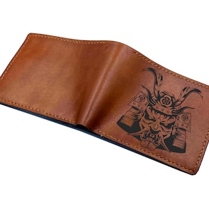 Cartera para hombre con estampado de máscara samurái, cartera de cuero personalizada hecha a mano para él, cartera con arte de máscara tradicional japonesa, regalo de aniversario para hombre