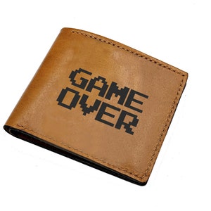 Customized leather wallet for gamer, game over pattern men's wallet, birthday anniversary gift for men, PC playstation mobile game lover art