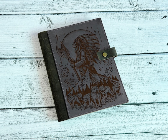 Engraved Leather Journal Cover: Indian Chief, Native American Gift