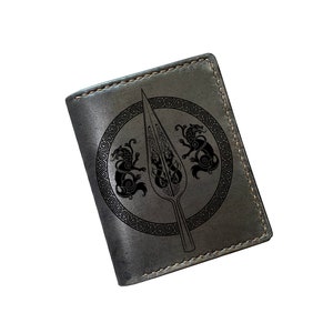 Cartera de cuero con grabado de la lanza del dios Odin de Gungnir, símbolo antiguo de runas nórdicas celtas, regalo de cuero personalizado para él, regalo para papá, esposo