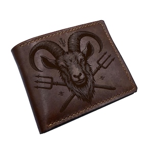 Carteira de couro de cabra satânica feita à mão, ideias para presentes em couro de Baphomet, carteira com símbolo do diabo maligno, ideias para presentes de terror para o pai, carteira estilosa para homens