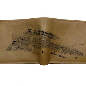 Arte moderno de aviones de combate militares, billetera de cuero personalizada, billetera de cuero con arte recortado de mirlo, ideas de regalos de Navidad para papá y esposo