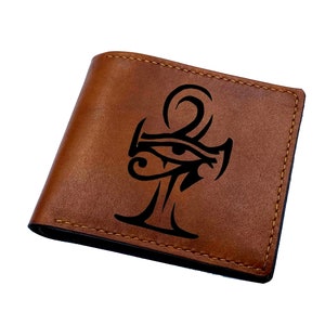 Cartera de cuero personalizada hecha a mano para hombre, billetera con símbolos Ankh, amuletos antiguos egipcios grabados, regalo para hombres, la clave de la vida