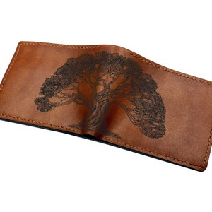Cartera de cuero personalizada hecha a mano para hombre, ideas de regalos de cuero con estampado de plantas de bosque y árboles para él, símbolo de vida, regalo de cumpleaños para hombre