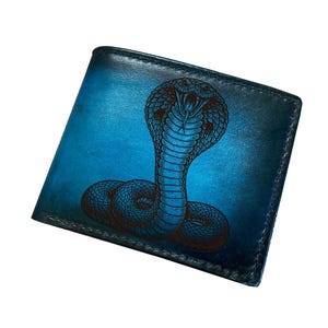 Handmade Leather Wallet, Cobra Snake Engraving, Personalized Gift for Him