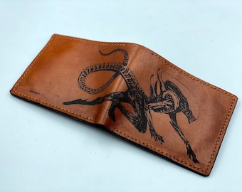 Personalized Aliens xenomorph monster movie leather handmade mens wallet, gift for him, anniversary present, best dad Father's day gift