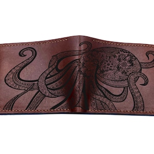 Cartera de cuero personalizada hecha a mano, regalo de cuero personalizado para él, cartera con estampado de monstruo kraken, ideas de regalo de cumpleaños y Navidad para papá