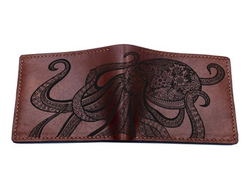 Personalized leather handmade wallet, custom leather gift for him, monster kraken pattern wallet, birthday christmas gift ideas for dad