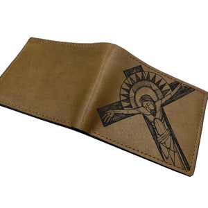 Cartera de cuero personalizada hecha a mano para hombre, regalo con patrón de dibujo de Jesucristo, regalo de cuero para el tercer aniversario para papá, esposo, billetera para él