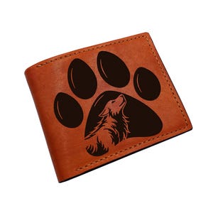 Cartera con diseño de pata de lobo, grabado personalizado en cuero para pared, billetera plegable con diseño de lobo, ideas de regalos de aniversario de cuero para él, regalo para papá, billetera para hombre.