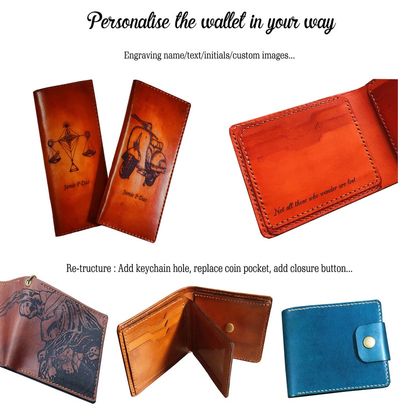 Personalized leather handmade men's wallet, mountain landscape pattern men's gift, present for him, xmas men gift idea, RFID blocking wallet image 9