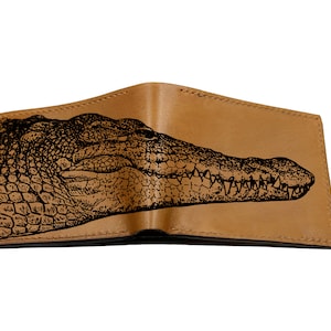 Arte de esboço de cabeça de jacaré personalizada, carteira masculina de couro, presente masculino com estampa animal, carteira para homens, carteira Predator River, presente de aniversário