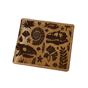 Dinosaur Fossil Engraved Leather Wallet - Handmade Veg-Tan