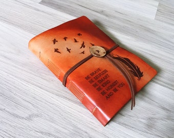 Personalized leather handmade journal, leather notebook, hand crafted journal, custom engraving journal, feather freedom gift for friend