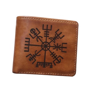 Cartera de hombre hecha a mano de cuero nórdico con brújula vikinga Vegvisir personalizada, idea de regalo para el Día del Padre 2021, cartera con símbolo celta antiguo
