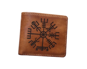 Personalized Vegvisir Viking Compass Norse leather handmade men wallet, Father&#39;s Day gift idea for him 2021, celtic ancient symbol wallet