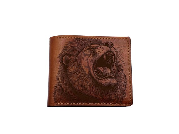 Lion Art Leather Bifold Wallet, Custom Engraved Handmade Wallet