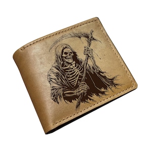 Cartera de cuero con diseño de terror de muerte, billetera plegable de cuero personalizada, billetera clásica minimalista para hombre, billetera con guadaña y parca, regalo para niño