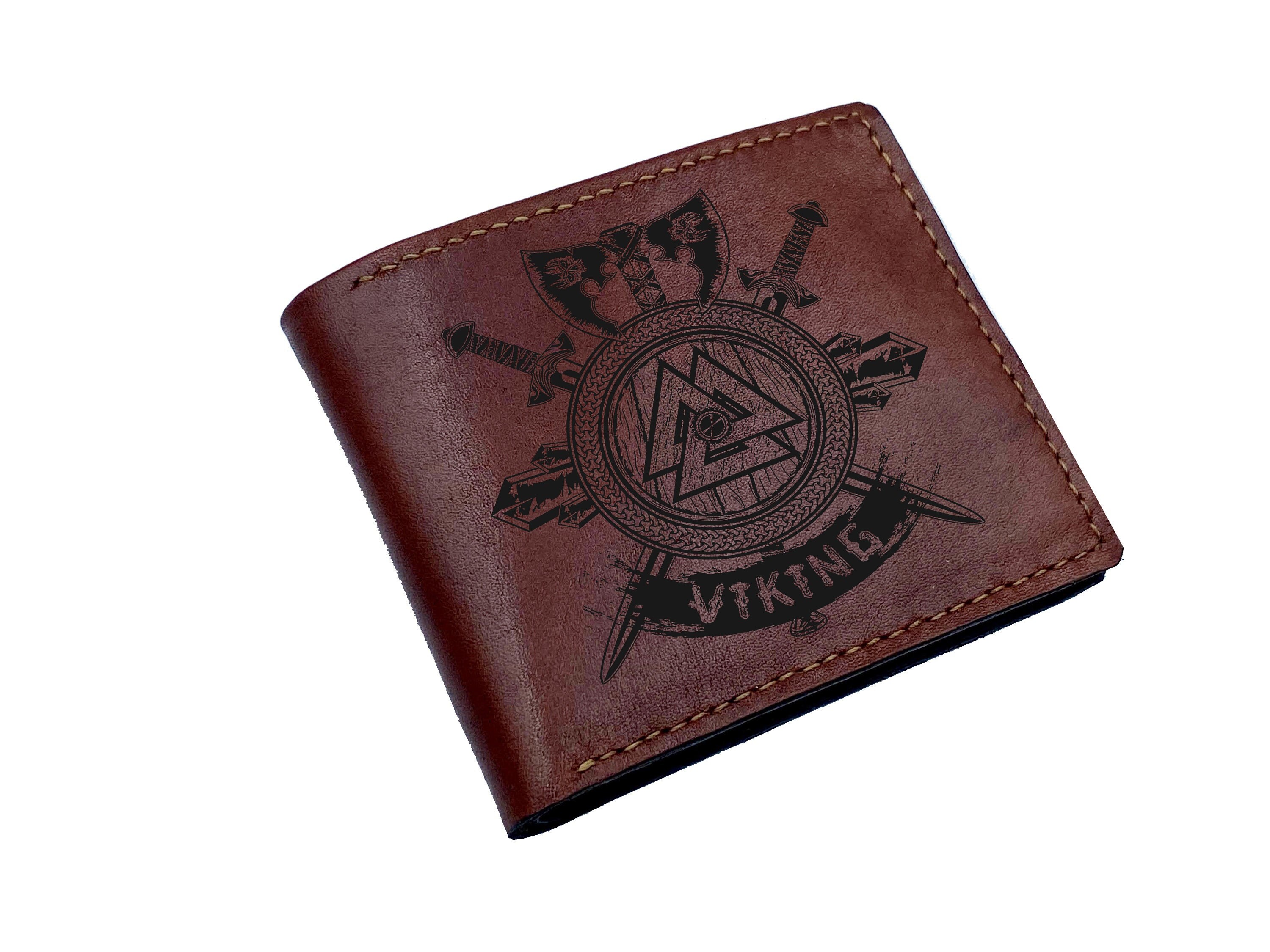 Viking Runic Compass Wallet - Engraved Leather Norse Amulet Design - Slim Bifold With ID Window - Mens Gift